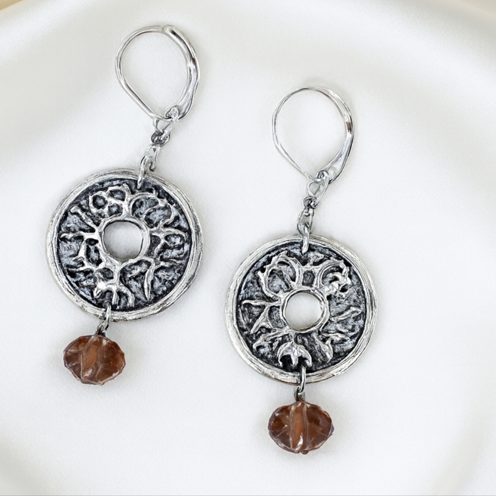 Silver Tribal Earrings with Brown Faceted Crystal Drops – Boho Statement Jewelry - Picture 3 of 9